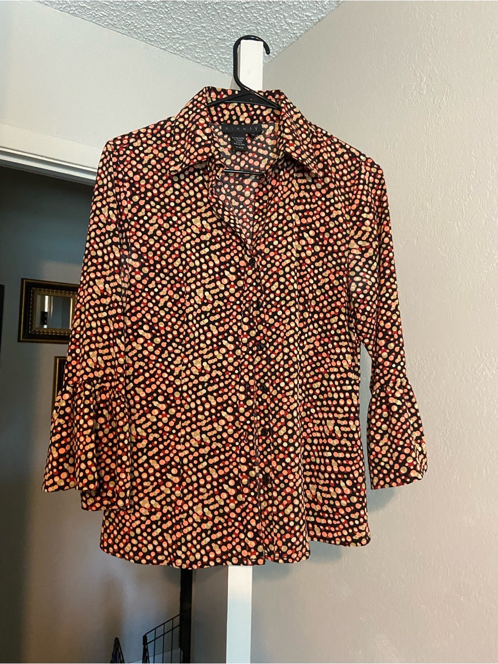 Ninety Black Blouse with Coral and Cream Dot Print